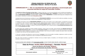 COMUNICADO Nº 1 – Ref. ao cancelamento das provas aplicadas e reconvocação para  as provas escritas do cargo de Procurador Jurídico